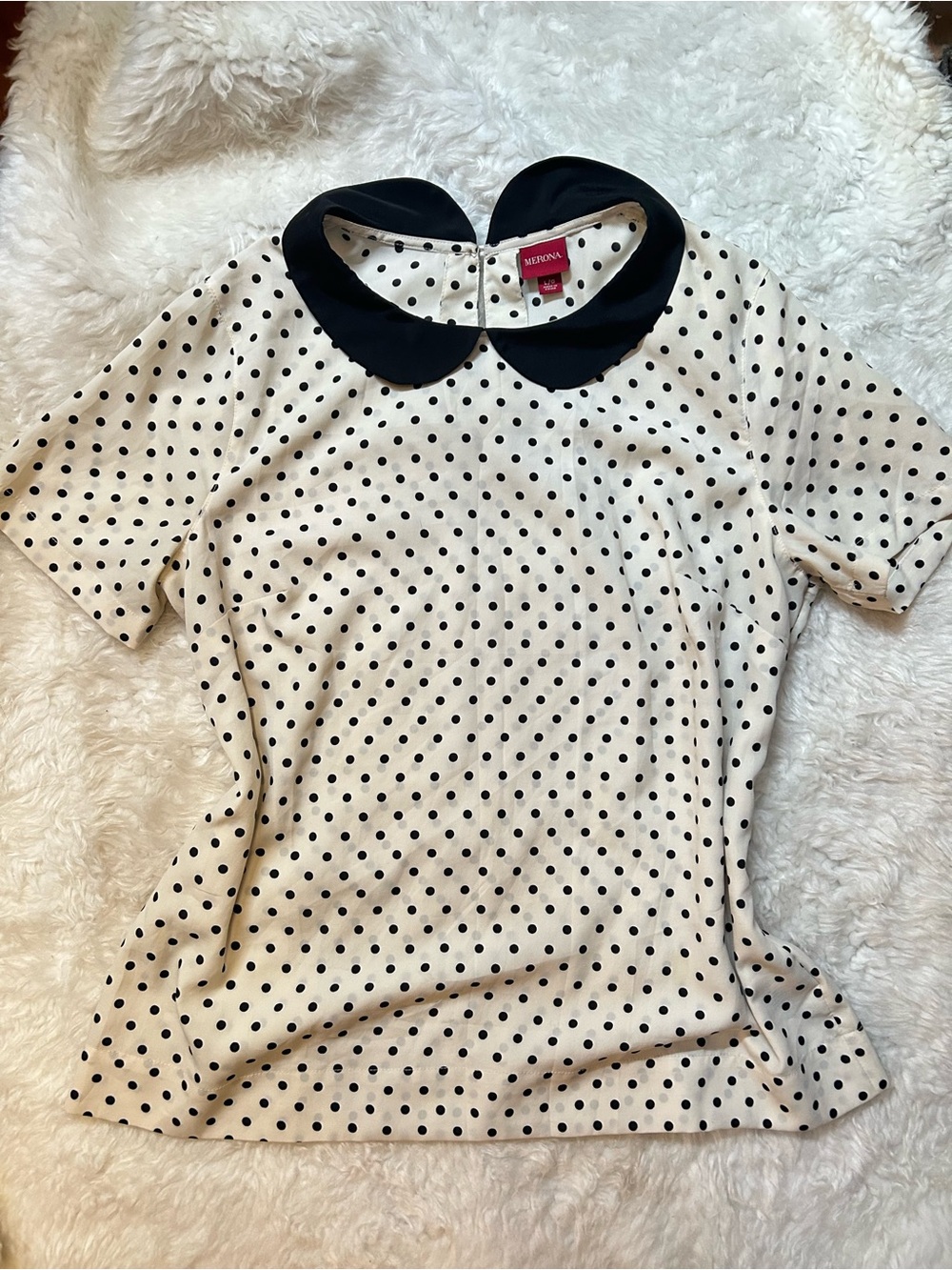 Merona Cream and Black Polka Dot Short Sleeve Top with Peter Pan Collar